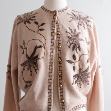 Stunning 1950's Blush Taupe Wool Beaded Cadigan Sweater/ Sz ML