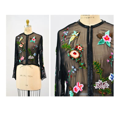 90s 2000s y2k Vintage Black Silk Chiffon Top Shirt Jeanette Kastenberg Embroidered Sequin Floral Flower Bird Jacket Top Chiffon Sheer Medium 