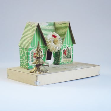 Green Putz House made in the US by Dolly Toy Co, Lithograph Cardboard Village House 