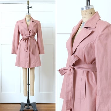 vintage 1970s pink trench coat • cotton canvas belted spring jacket with belted cinch waist 