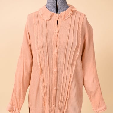 Peach Collared Lacy Pintuck Silk-Blend Crepe Blouse, M