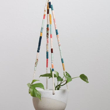 Handmade Hanging Ceramic Planter - Speckled White Flower Pot With Wooden Ring - Clay Basket Hanger - Modern Pottery - Indoor Ceiling Garden 