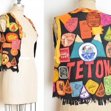 vintage 70s vest YMCA patches felt TETONS applique hippie boho top black XS clothing 