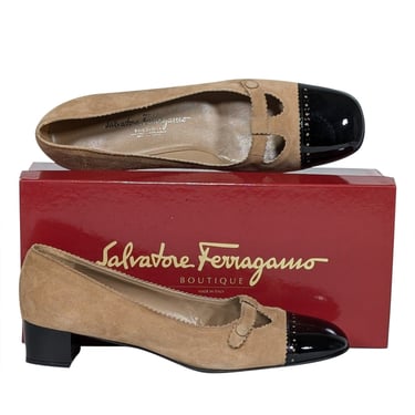 Ferragamo - Beige Suede w/ Black Patent Leather Toe &amp; Heel Pumps Sz 9.5