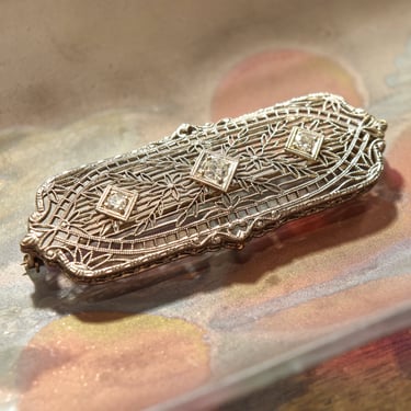 Edwardian 14K White Gold Filigree Diamond Brooch Pendant, Antique Jewelry, 