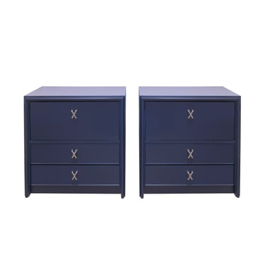 Paul Frankl Bedside Tables in Blue Lacquer with Nickel Plated X Pulls 1950s (Signed)