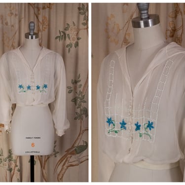Edwardian Blouse - Antique 1910s Silk Chiffon Blouse in Pure White with Floral Beadwork 