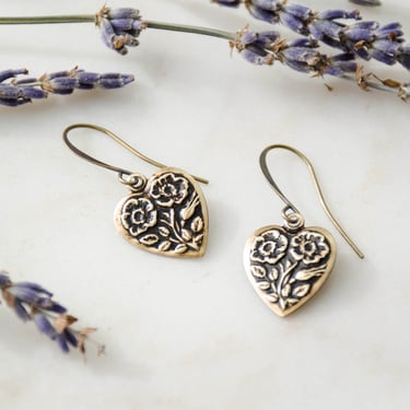 gold flower earrings, delicate dainty antique brass poppy heart earrings, Regency Victorian jewelry, gift for her, cottagecore earrings 