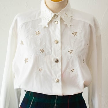 Vintage 90s Escada White Cotton Stars Button Down Shirt S/M