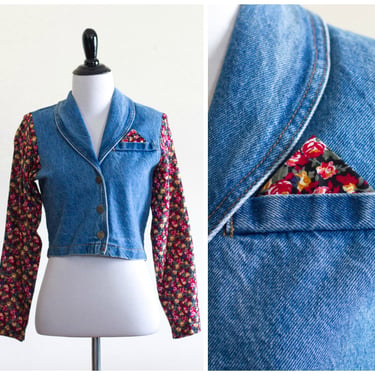 Vintage 1990s Denim Jacket with Flower Print Sleeves 