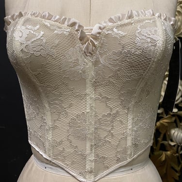 1980s bustier, sheer ivory lace, vintage bra top, Victorias secret, 34, small, corset style, strapless brassier, 80s lingerie, boudoir, sexy 