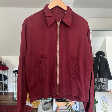 Med, Vintage 1950s Campus Sportswear Rayon Zip Up Jacket, Red 
