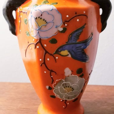 Vintage Japanese Vase Orange Blossom ceramics Handpainted Blue Bird 