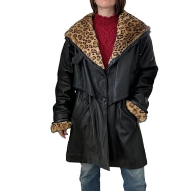 Vintage 1990s Euro Mondi Leather Faux Leopard Cheetah Fleece Shearling Coat 