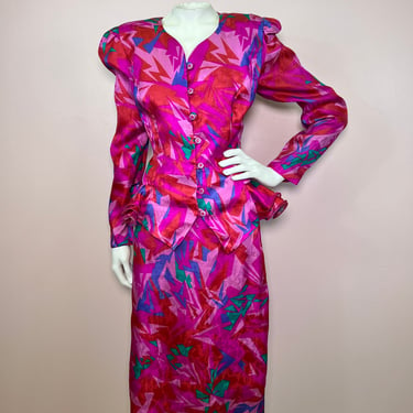 Vtg 1980s 2pc hot pink silk ruffle puff sleeve skirt suit 