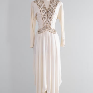 Stunning 1940's Ivory Moss Crepe Beaded Hollywood Glamour Evening Gown / Small