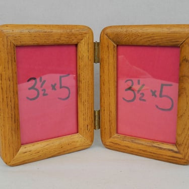 Vintage Wooden Hinged Double Picture Frame - Tabletop Display - Holds Two 3 1/2" x 5" Photos - Wood Frame 