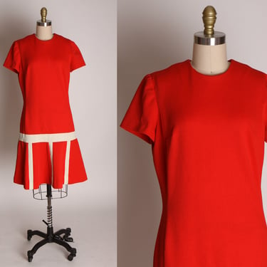 1960s Red and White Color Block Short Sleeve Polyester Scooter Dress -S 
