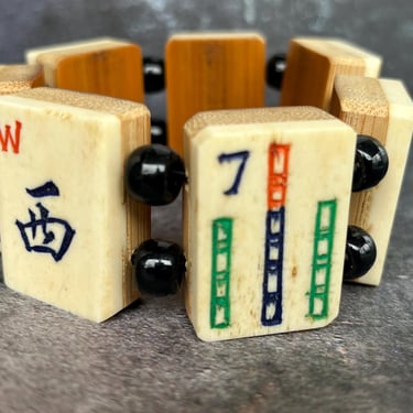 antique mahjong tile bracelet ox bone and bamboo elastic cuff 