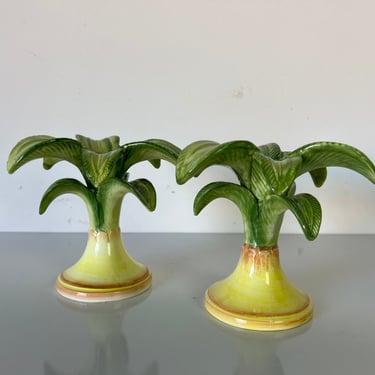 1990s Vietri Italian Palm Tree Ceramic Candlestick Holder - a Pair 