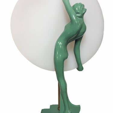 Art Deco Nude Nymph Silhouette Moon Green Spelter Table Lamp by Frankart 