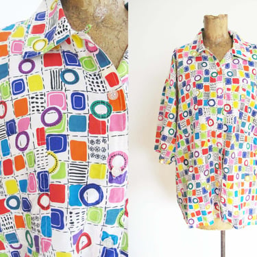 90s Collared Silk Button Up Shirt M L - Abstract Geometric Colorful Shapes Patterned Short Sleeve Button Down Top - Oversized Shirt 