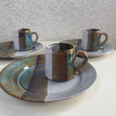 Vintage studio art pottery set 3 demitasse cups with side plated signed LKW 
