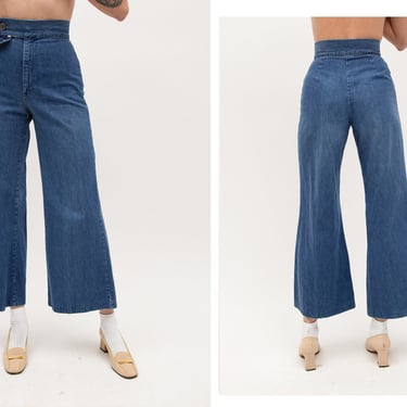 Vintage 1970s 70s Medium Blue Wash Ultra High Waisted Denim Wide Leg Flared Jeans Pants Trousers 
