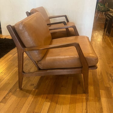 Pair of Danish Modern Lounge Chairs by Ib Kofod-Larsen in Leather & Walnut