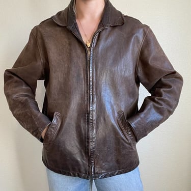 East West Leather Unisex Made in San Francisco Brown Full Zip Bomber Jacket Sz L 