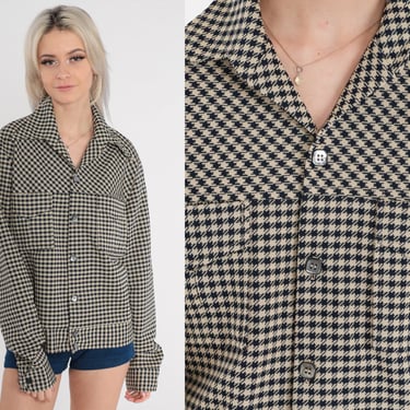 Houndstooth Jacket 70s Button up Jacket Retro Seventies Streetwear Collared Checkered Coat Casual Beige Black Pockets Vintage 1970s Large L 