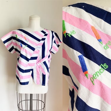 Vintage 1980s "We Are Pencils" Striped Top / S 