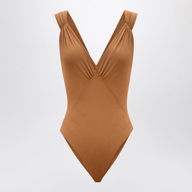 Saint Laurent Brown Silk-Blend Crossover Bodysuit Women