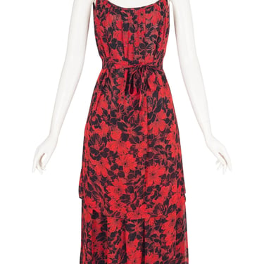 Arlette Beressi Paris 1970s Vintage Floral Black & Red Chiffon Tiered Midi Dress 