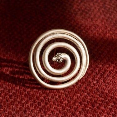 Coiled Dragon Brooch In Brushed Silver, Flexible Silver Spiral Pin, Estate Jewelry, 2.25