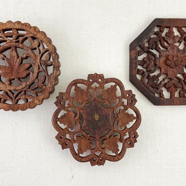 Collection of 3 Vintage Carved Wood Trivets, Footed Wood Hot Plate Holder, Plant Stands 