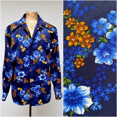 Vintage 1970s Blue Floral Disco Shirt, Long Sleeve Polyester Hipster Shirt, Stan's of Las Vegas, Large 46
