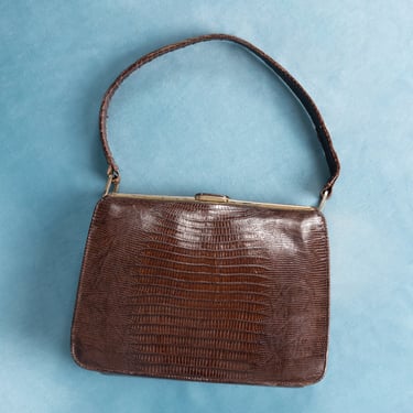 Vintage 1950s Brown Lizard Structured Handbag with Top Handle and Contrast Interior Made in Argentina 