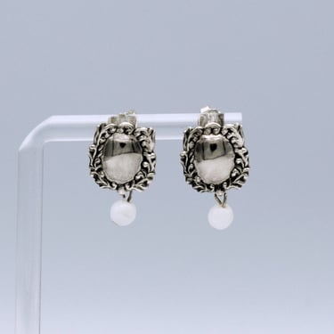 Dainty 80's ivy edged sterling shield studs, Thailand 925 silver white quartz bead boho earrings 