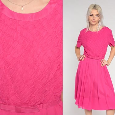 60s Party Dress Fuchsia Pink Knee Length Dress Formal Belted Pink High Waisted Pleated Cocktail Prom Short Sleeve Vintage 1960s Medium Large 