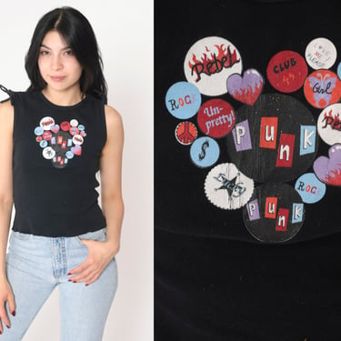 Punk Rocker Girl Tank Top Y2K Shirt Rock Music Rebel Flames Buttons Pins Graphic Tee Sleeveless T-Shirt 2000s Black Muscle Vintage 00s Small 