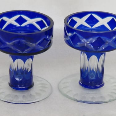 Cobalt Blue Crystal Cut to Clear Candlestick Candle Holders a Pair 3081B