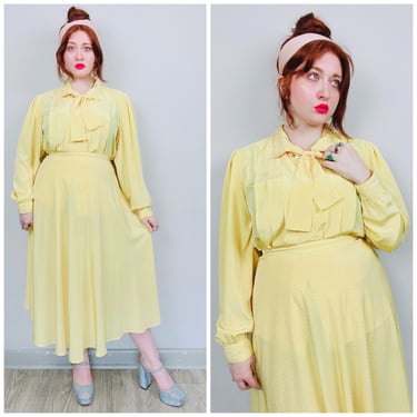 1980s Vintage Chaus Pastel Yellow Polka Dot Three Piece Set / 80s Blouse and Bow and Flared Skirt Outfit / Size Large -XL 