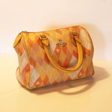 Vintage Vivienne Westwood Argyle Plaid Boston Bag with Orb in Orange + Yellow Derby Yasmin Y2K VW 