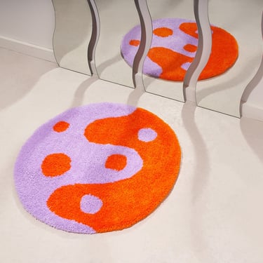 Lavender and orange tufted accent rug. Modern yin yang dot design, modern art carpet, bright, colorful, unique gift 
