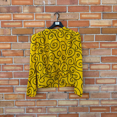 vintage 80s yellow silk abstract blouse / s m small medium 