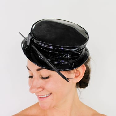 1950s Black Patent Hat | 50s Black Feather Hat | Faux Patent Black Hat 