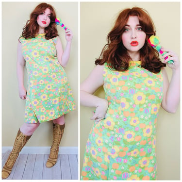 1960s Vintage Cotton Yellow and Green Scooter Dress / 60s Apple Print Volup Mini Dress / Size XL 