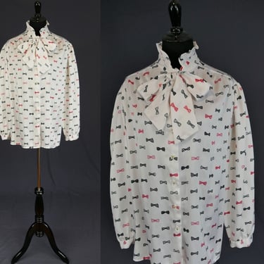 80s Bow Tie Print Blouse - White Red Black - Ruffle Neck Trim, Pussy Bow at Neck - Blvd East - Vintage 1980s - L 
