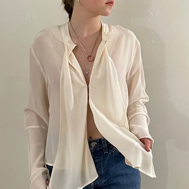 90s silk ruffle blouse / vintage semi sheer ivory cream silk crepe draped ruffle cropped blouse | Large 